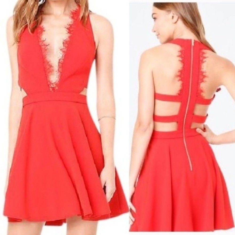 Bebe x Naveen Lace Plunge Cut Out Dress Strawberry Red